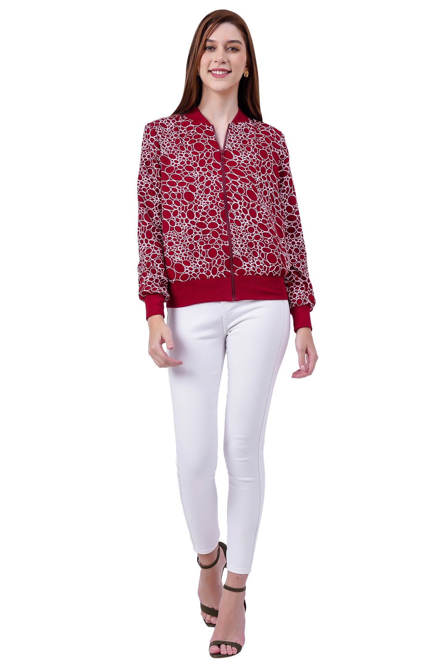 NUEVOSDAMAS Circle Printed Maroon Bomber Jacket