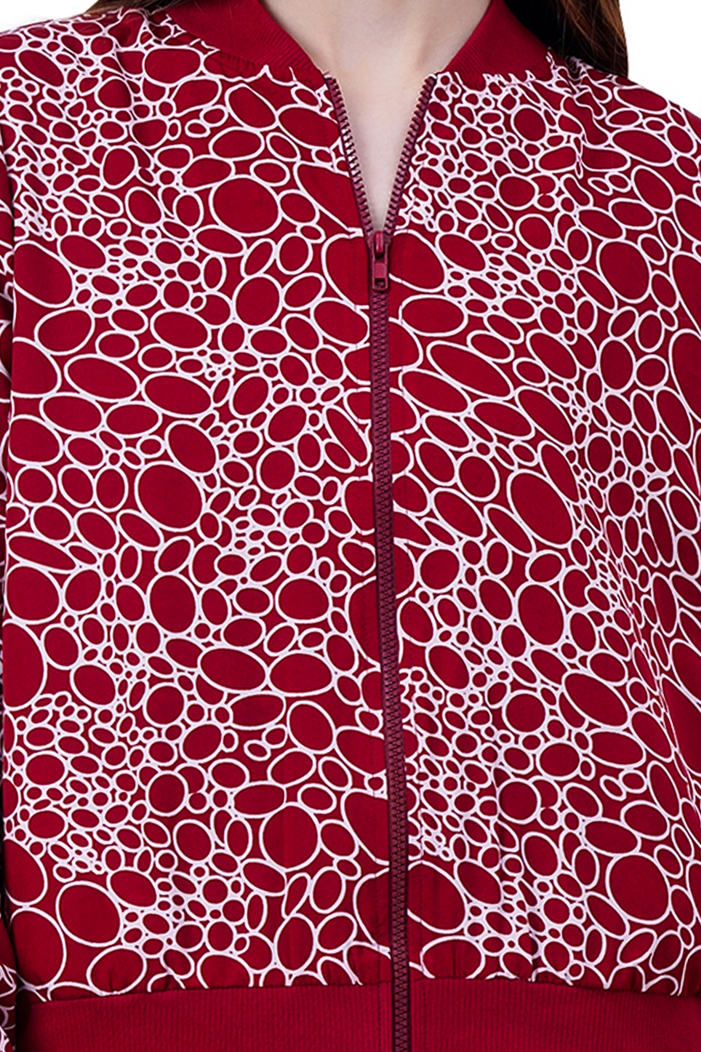 NUEVOSDAMAS Circle Printed Maroon Bomber Jacket
