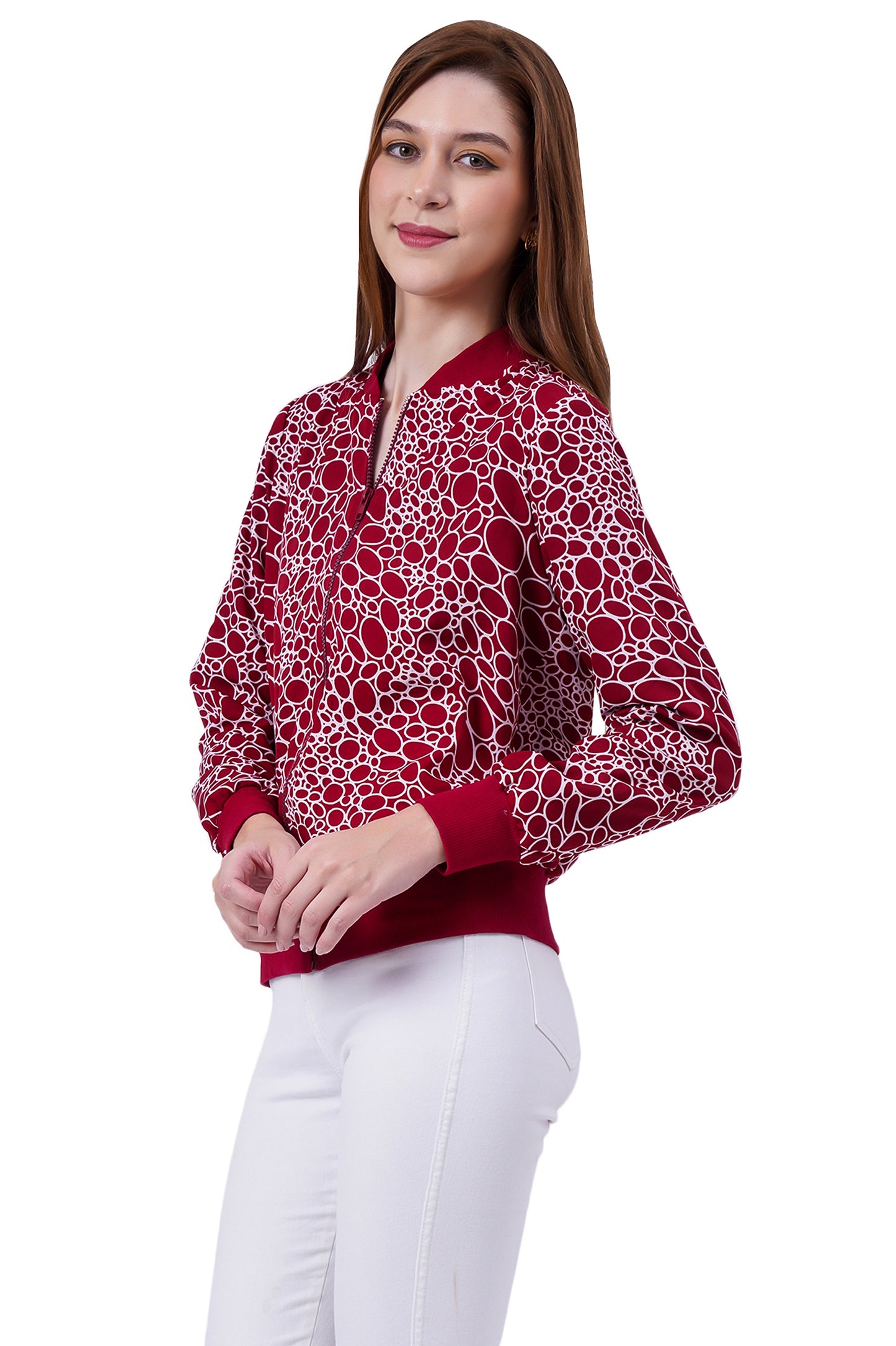 NUEVOSDAMAS Circle Printed Maroon Bomber Jacket
