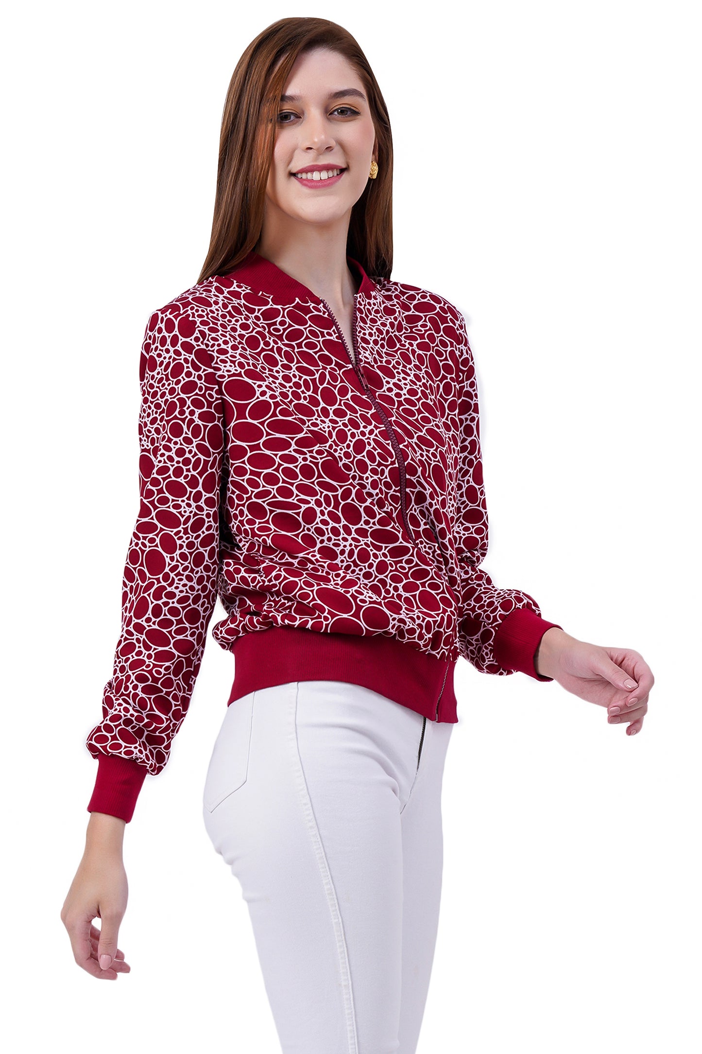 NUEVOSDAMAS Circle Printed Maroon Bomber Jacket