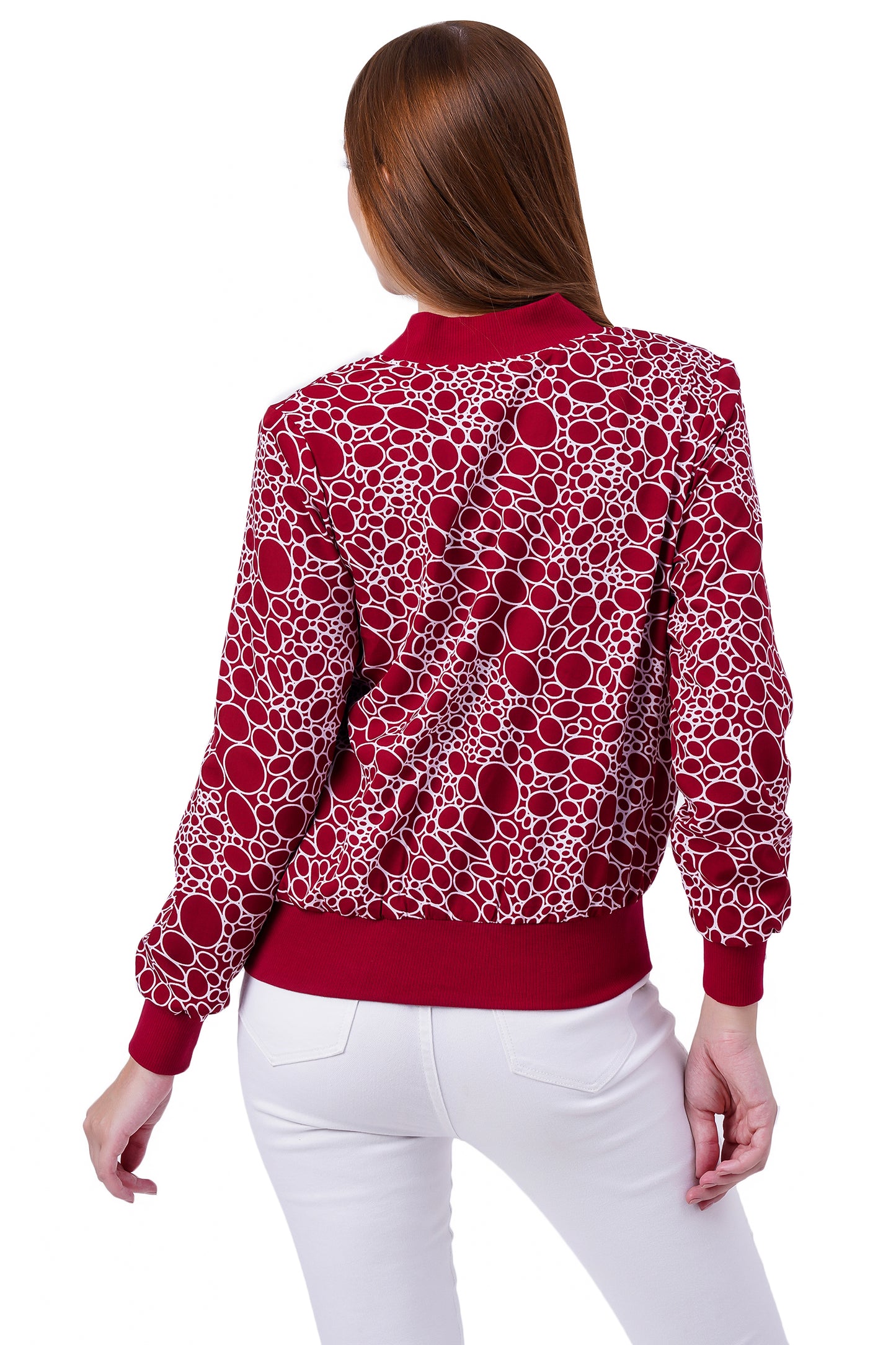 NUEVOSDAMAS Circle Printed Maroon Bomber Jacket