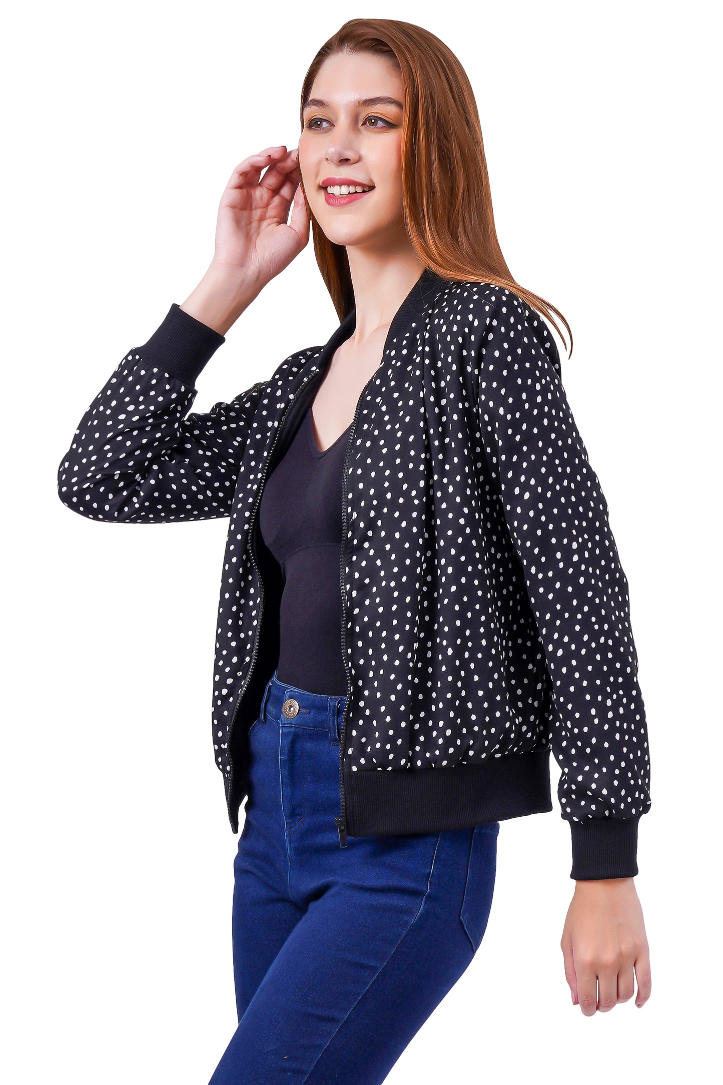 NUEVOSDAMAS Oval Dot Printed Black Bomber Jacket