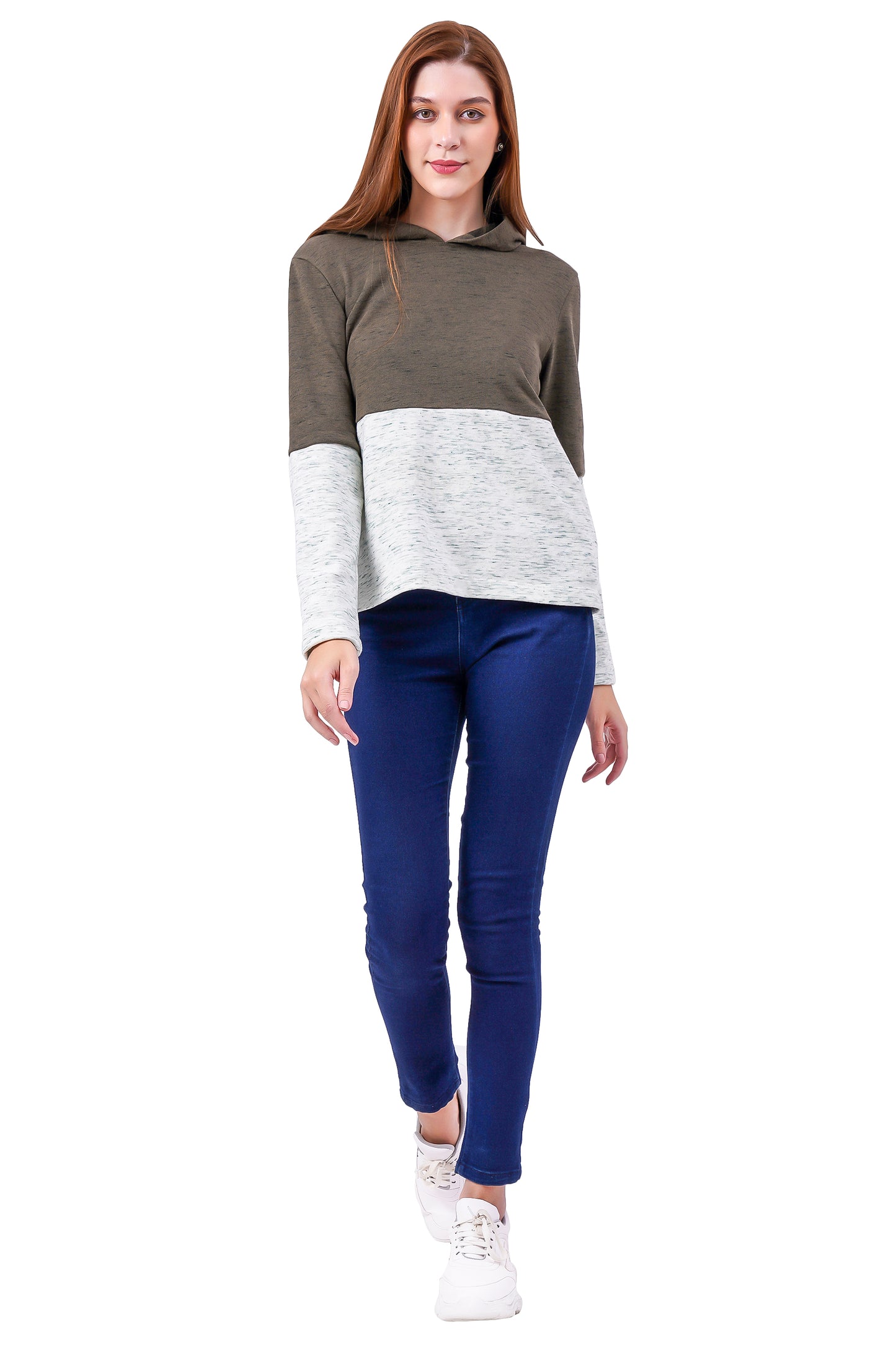 NUEVOSDAMAS Cotton Terry Full Sleeve Block Pattern Printed Sweatshirt Olive/Ivory
