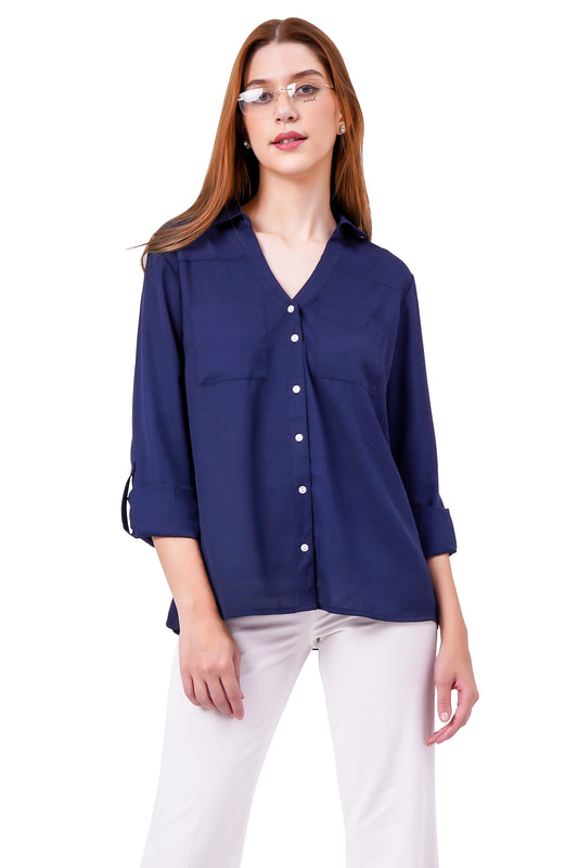 NUEVOSDAMAS Solid Navy Blue Casual/Formal Women Full Sleeve Shirt