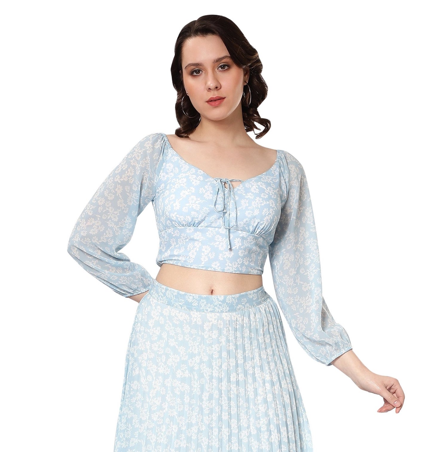 NUEVOSDAMAS Light Blue Georgette Floral Printed Balloon Sleeve Top