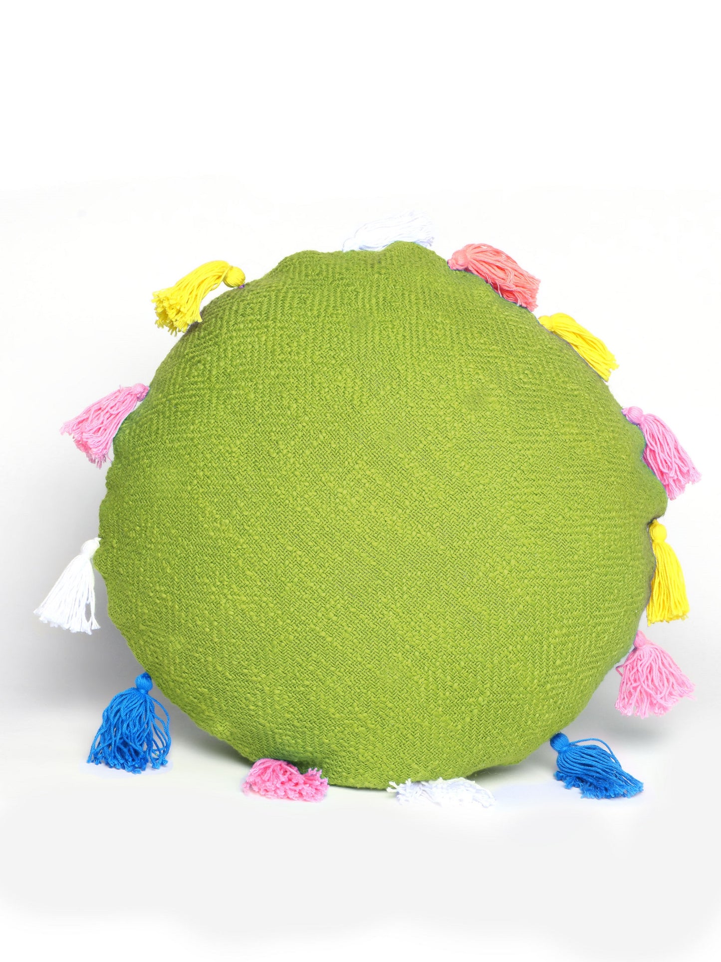 NUEVOSGHAR Pure Cotton Cushion Cover| Round Cushion Cover | Tassles Cushion Cover | Bohemian Cushion Cover | Decorative Sofa/Bed Cushion Cover (Pack of 1 Peice) (16X16 Inch)_Green