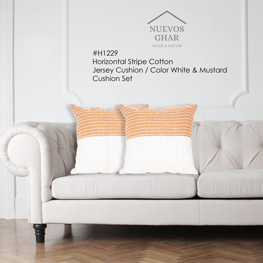 NUEVOSGHAR 100% Cotton Cushion Cover | Interwoven Horizontal Stripe Cushion Cover|Square Cushion for Bedroom,Living Room, Sofa, Office |Home Decorative Cushion | 18x18 Inch_ Ivory/Mustard