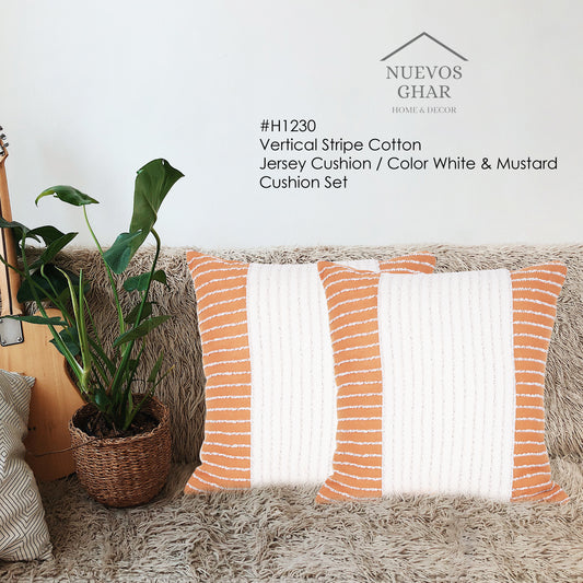 Cotton Cushion Cover | Interwoven Vertical Stripe Cushion Cover|Square Cushion for Bedroom,Living Room, Sofa, Office |Home Decorative Cushion | 18x18 Inch_ Ivory/Mustard