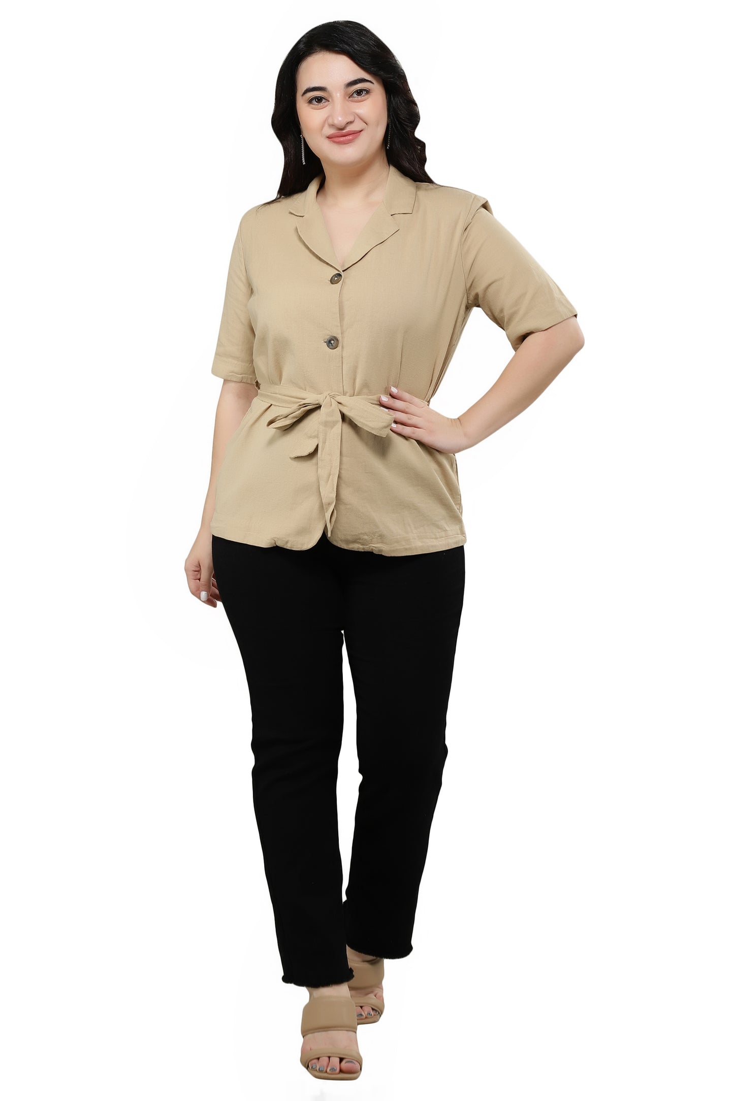 NUEVOSDAMAS Women Cotton Solid Blazer Beige Shirt