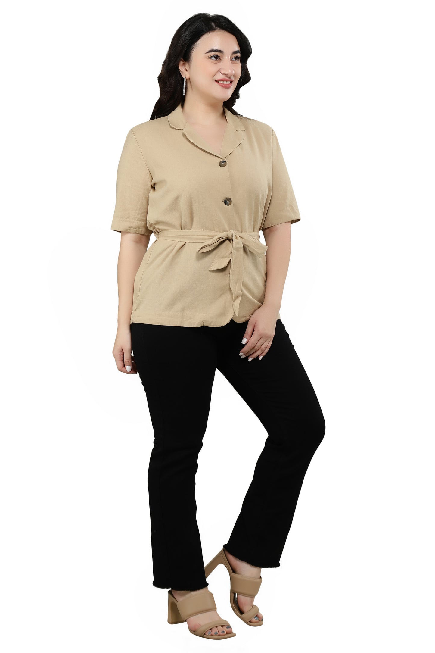 NUEVOSDAMAS Women Cotton Solid Blazer Beige Shirt