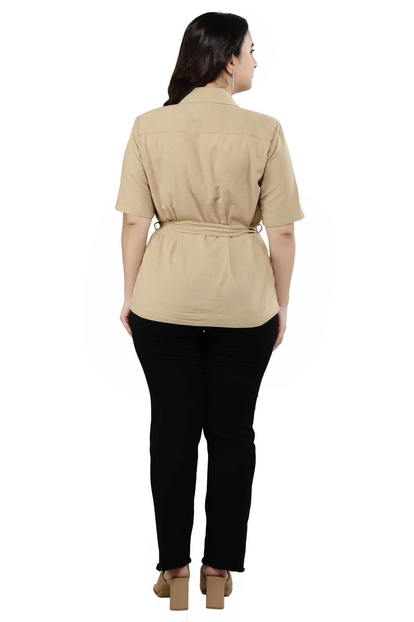 NUEVOSDAMAS Women Cotton Solid Blazer Beige Shirt