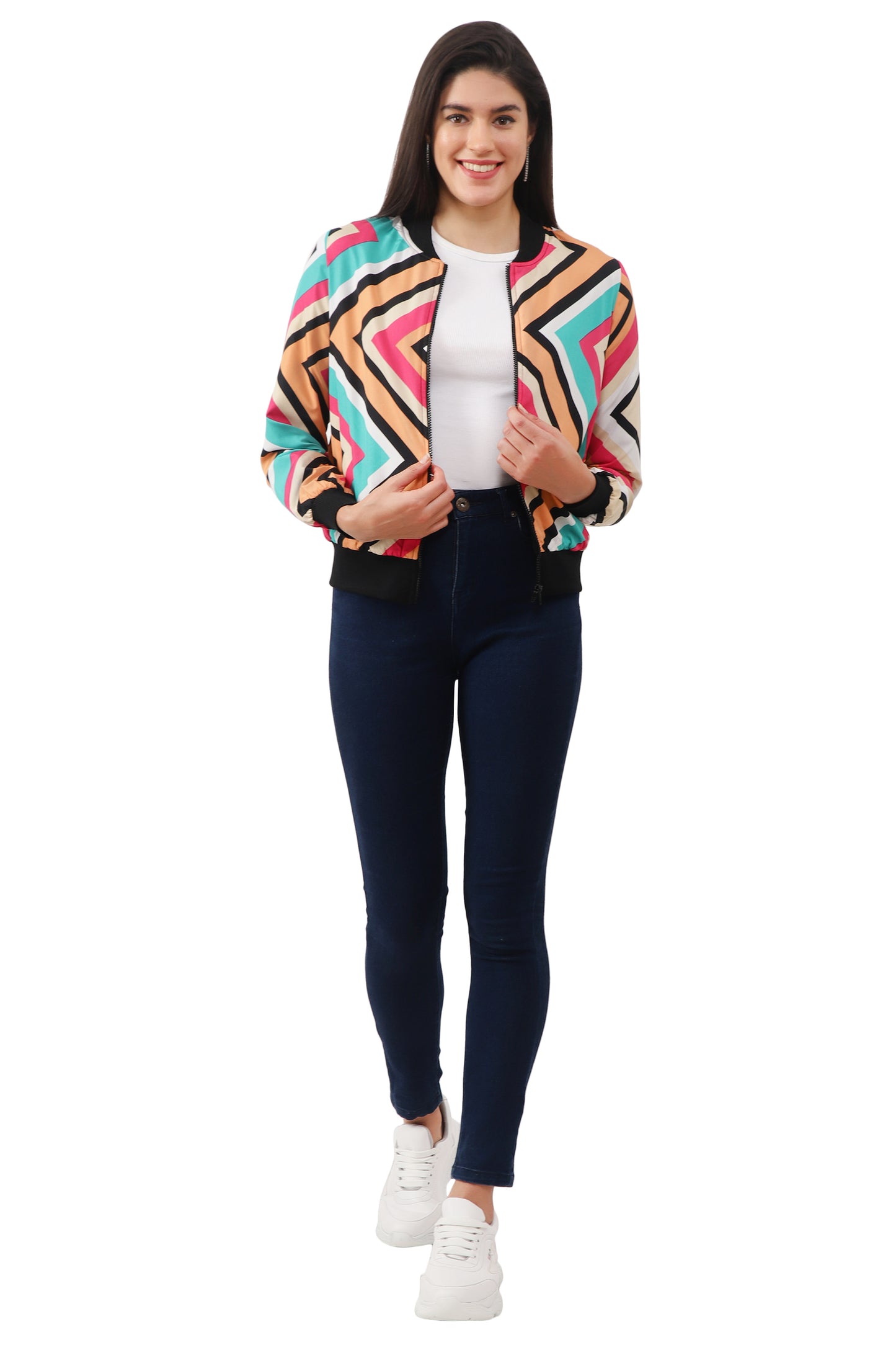 NUEVOSDAMAS Women Printed Full Sleeve Bomber jacket | Latest Stylish Chevron Printed Women Jacket | Light Weight Crepe Jacket for women_multicolor