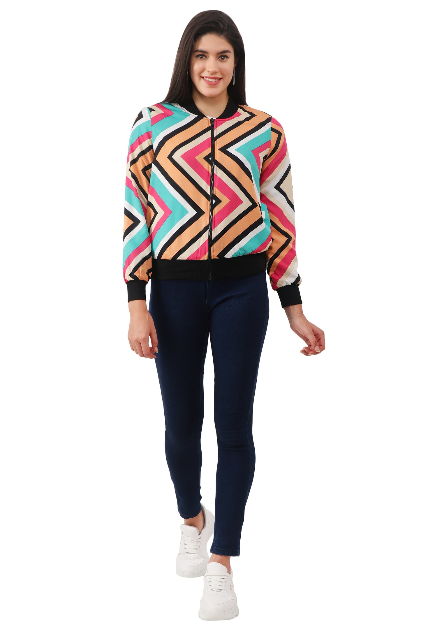 NUEVOSDAMAS Women Printed Full Sleeve Bomber jacket | Latest Stylish Chevron Printed Women Jacket | Light Weight Crepe Jacket for women_multicolor