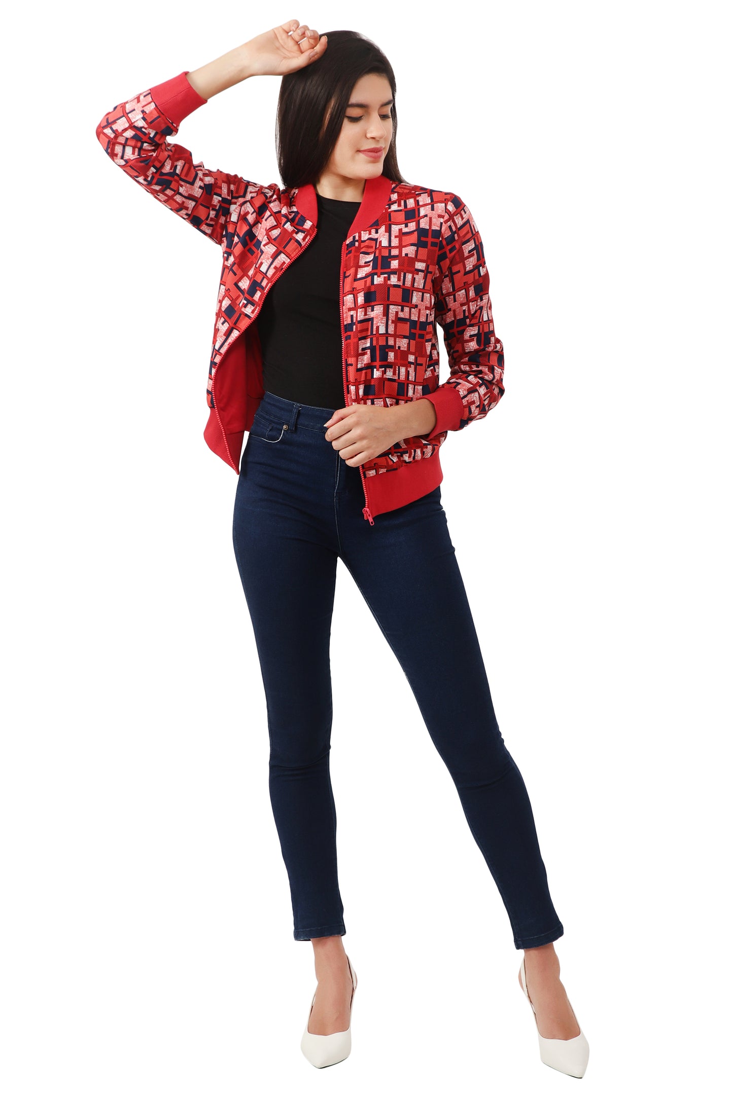 NUEVOSDAMAS Women Printed Full Sleeve Bomber jacket | Latest Stylish Checks Printed Women Jacket | Light Weight Crepe Jacket for women_Red multi