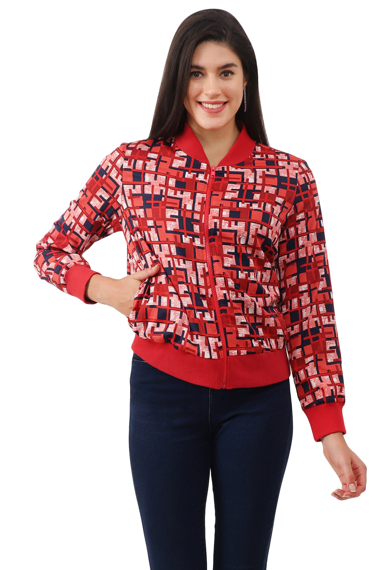 NUEVOSDAMAS Women Printed Full Sleeve Bomber jacket | Latest Stylish Checks Printed Women Jacket | Light Weight Crepe Jacket for women_Red multi
