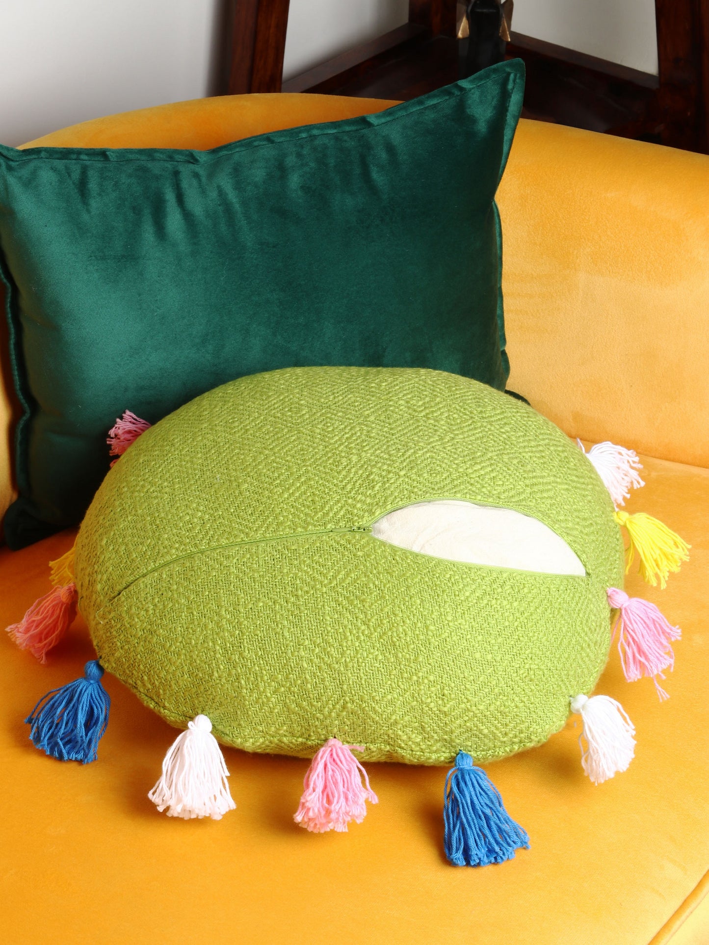NUEVOSGHAR Pure Cotton Cushion Cover| Round Cushion Cover | Tassles Cushion Cover | Bohemian Cushion Cover | Decorative Sofa/Bed Cushion Cover (Pack of 1 Peice) (16X16 Inch)_Green