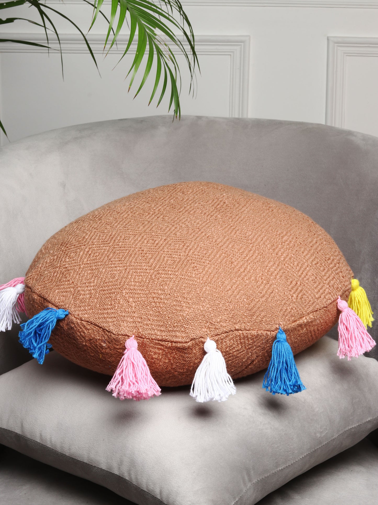 NUEVOSGHAR Pure Cotton Cushion Cover| Round Cushion Cover | Tassles Cushion Cover | Bohemian Cushion Cover | Decorative Sofa/Bed Cushion Cover (Pack of 1 Peice) (16X16 Inch)_Brown