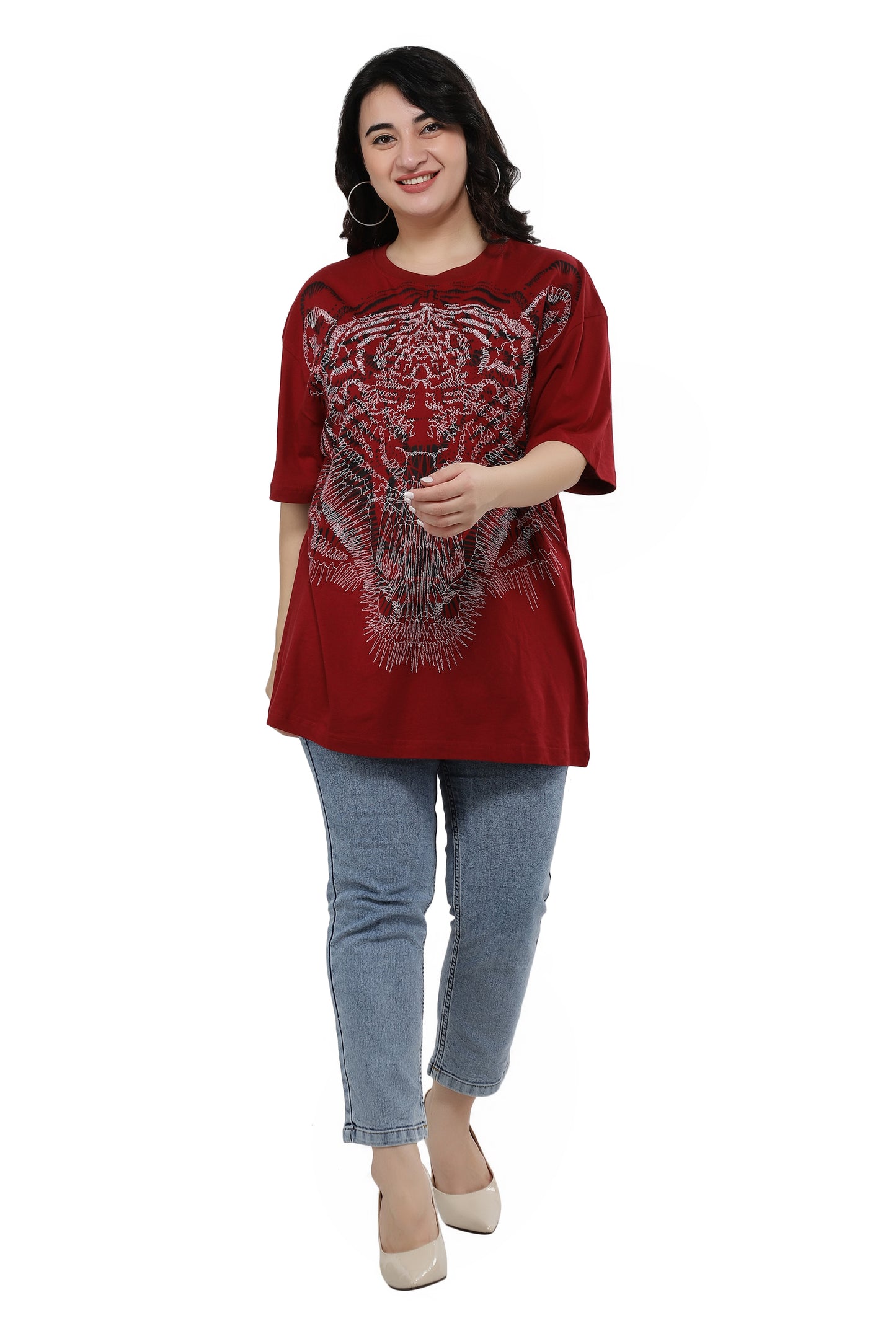NUEVOSDAMAS Women Cotton Lion Printed Half Sleeve Women's Maroon T-Shirt