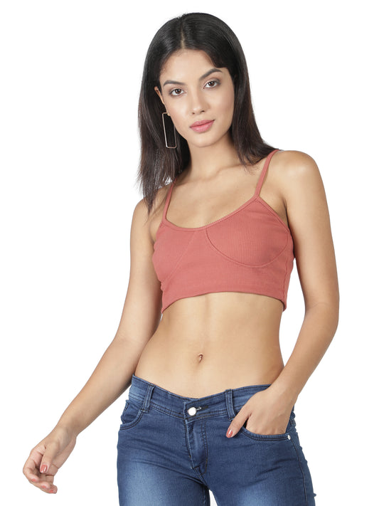 NUEVOSDAMAS Women Western Cotton Lycra Rib Solid Brown Bralette Bra