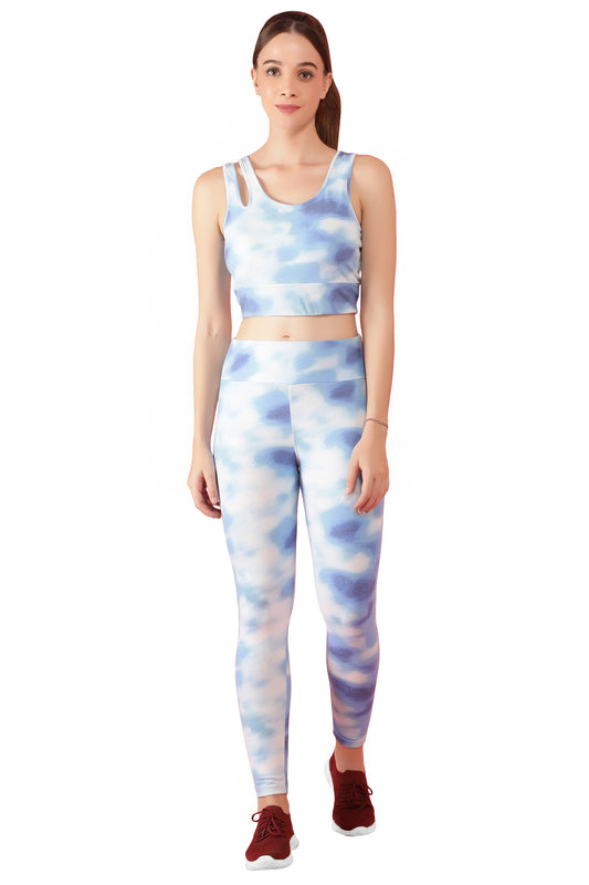 NUEVOSDAMAS Tie & Dye Women Active WearTracksuit | Gym Wear Padded Top And Bottom Set | Dry Fit Women Active Wear Combo Set_Light Blue