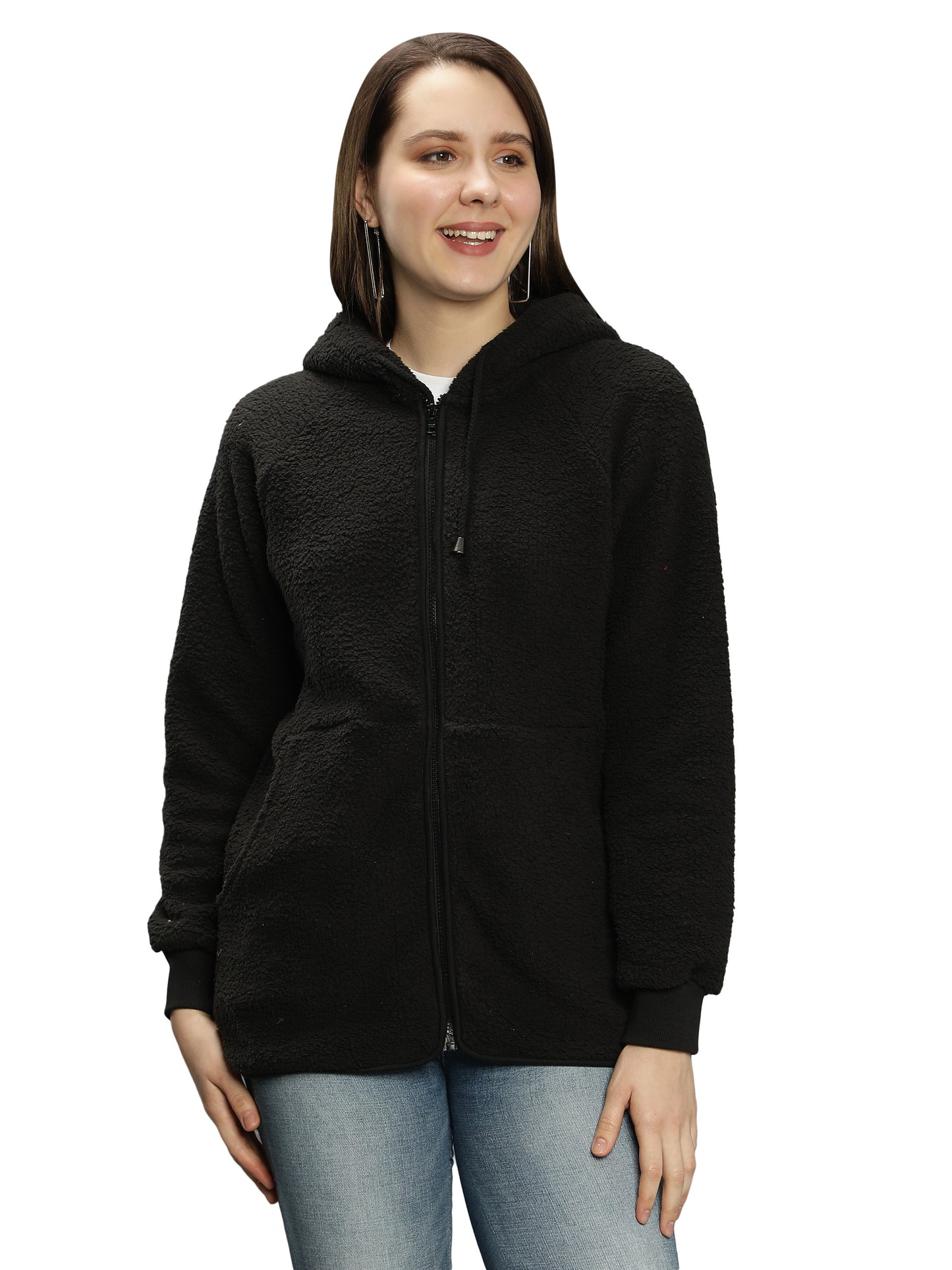 NUEVOSDAMAS Solid Black Color Winter Sherpa Fur Hooded Jacket with Front Zipper Closer