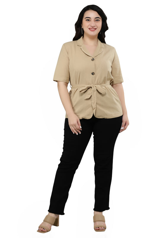 NUEVOSDAMAS Women Cotton Solid Blazer Beige Shirt