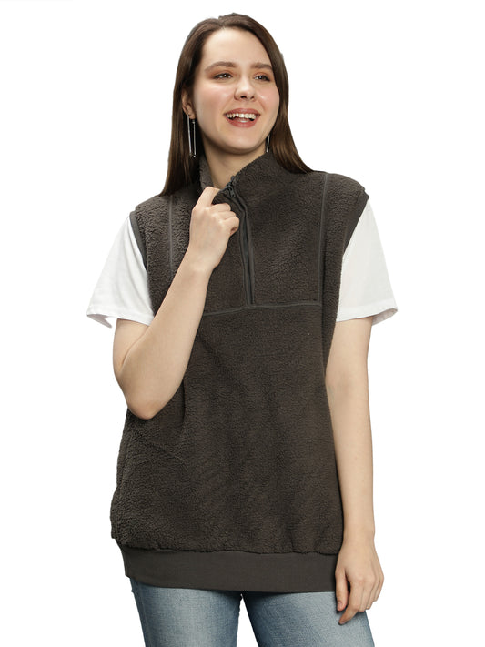 NUEVOSDAMAS Solid Grey Sherpa Fur Sleeveless Winter Sweatshirt