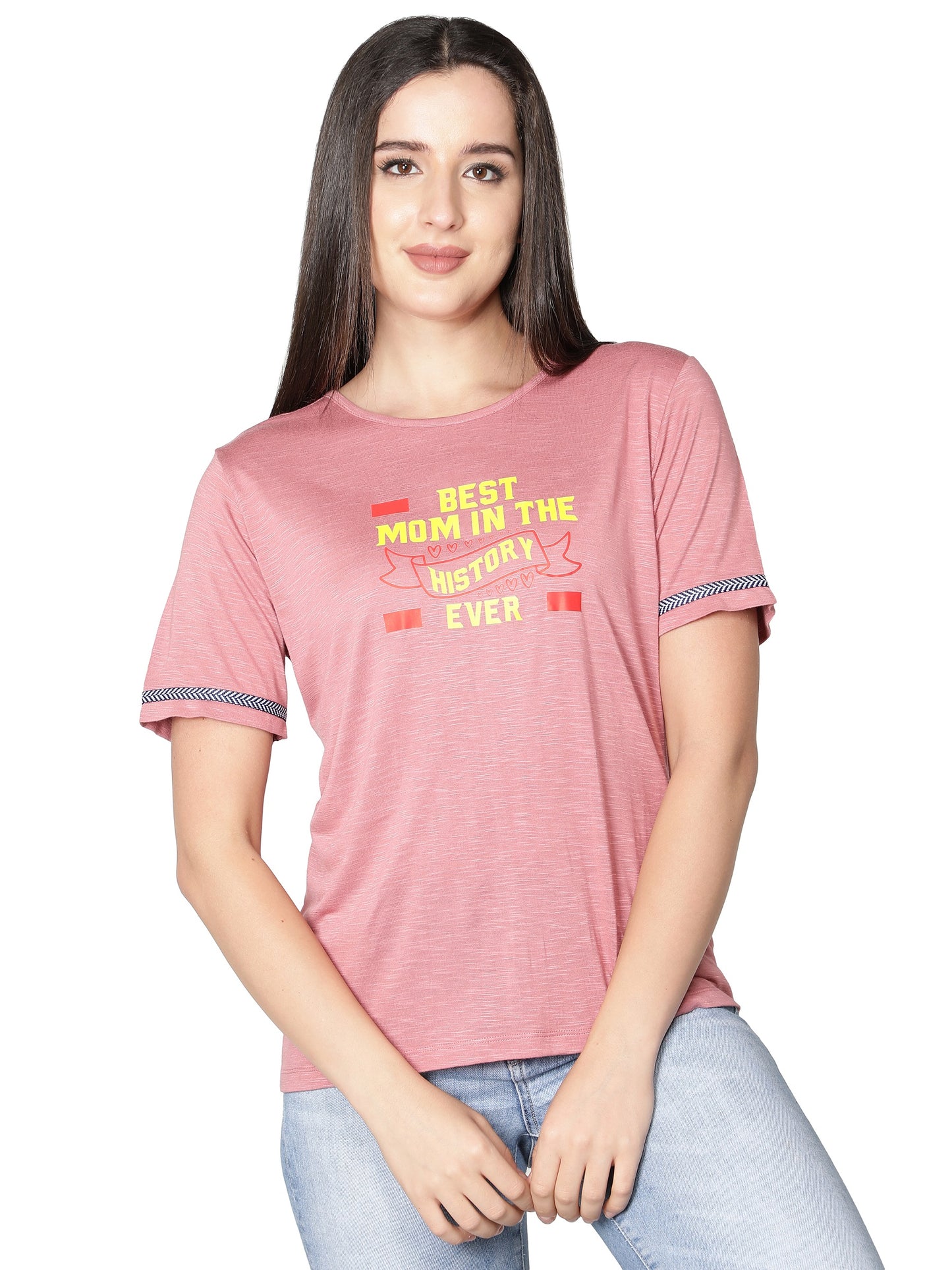 NUEVOSDAMAS Women Rayon Printed Pink T-Shirt
