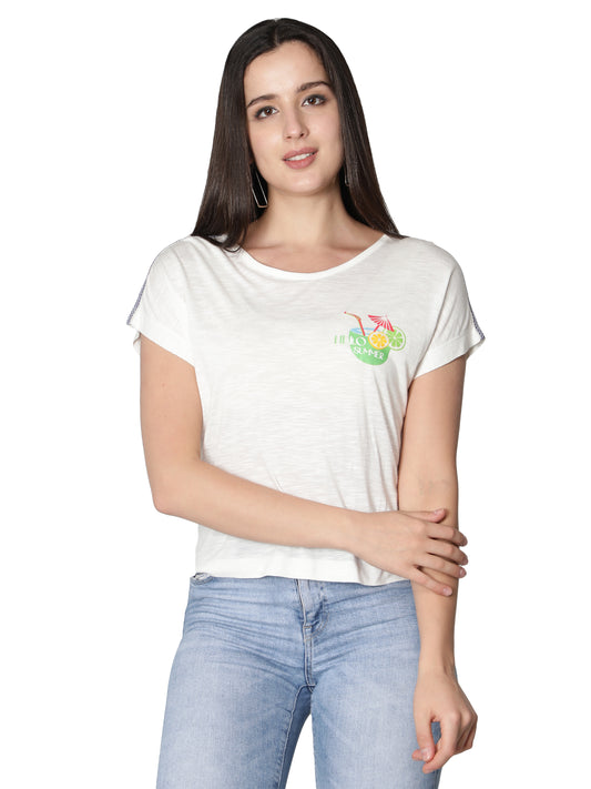 NUEVOSDAMAS Women Rayon Printed White T-Shirt/Top