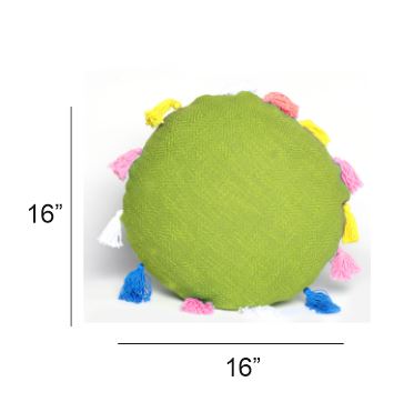 NUEVOSGHAR Pure Cotton Cushion Cover| Round Cushion Cover | Tassles Cushion Cover | Bohemian Cushion Cover | Decorative Sofa/Bed Cushion Cover (Pack of 1 Peice) (16X16 Inch)_Green