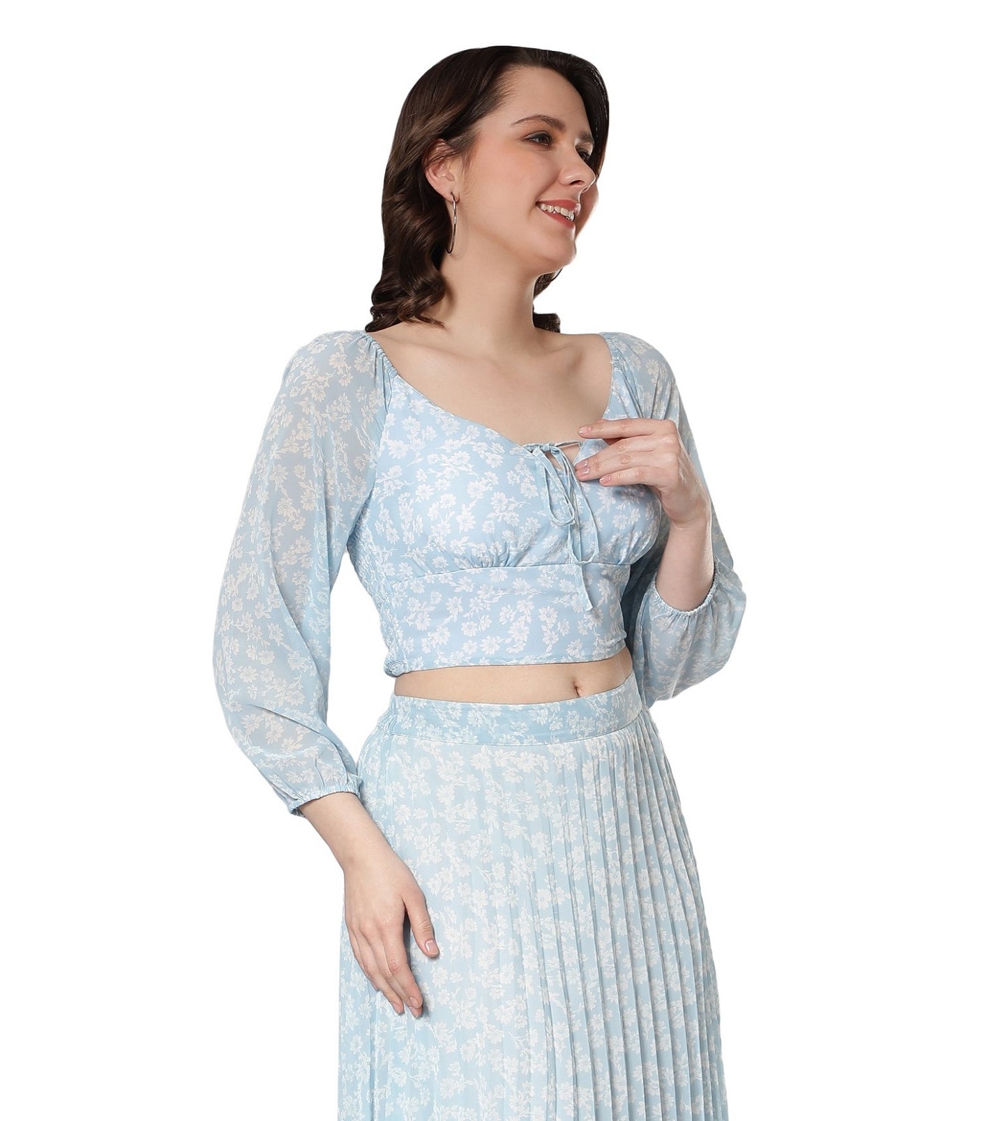 NUEVOSDAMAS Light Blue Georgette Floral Printed Balloon Sleeve Top