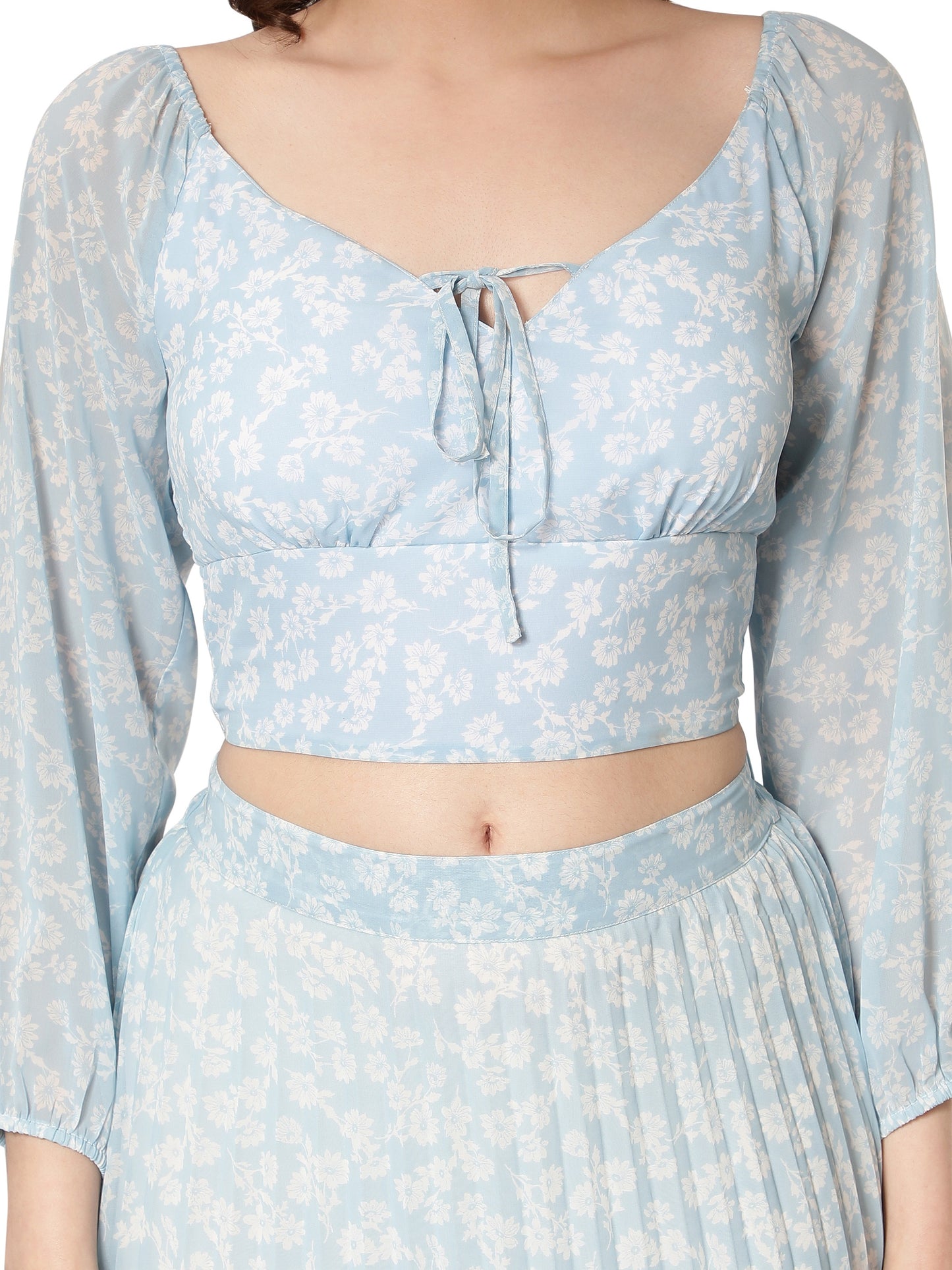 NUEVOSDAMAS Light Blue Georgette Floral Printed Balloon Sleeve Top