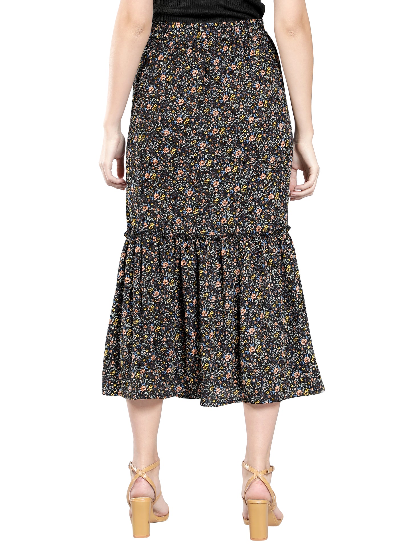 NUEVOSDAMAS Floral Printed Side Slit Frill Black Skirt