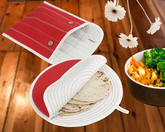 Pure Cotton Rectangle & Round Shape Roti/Chapati Cover Combo|Chapati Cloth Cover | Cotton Traditional Roti Warmer |Tortillas Cover| Kitchen Roti Keeper. Set-Pack of 2 Roti Covers(Red/White)