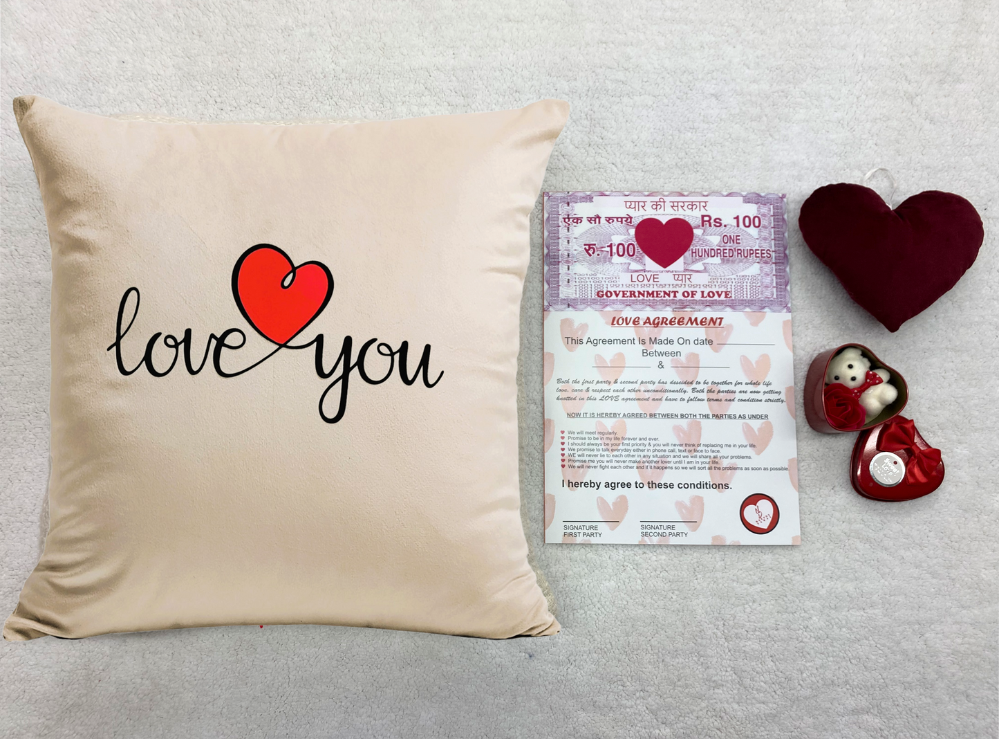 Valentine's Day Printed Cushion Gift Set Combo | Valentine Gift for Boyfriend Girlfriend | Couples Gift for Him/Her_Beige