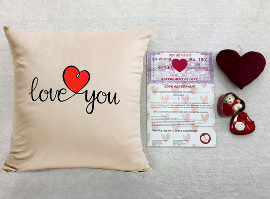 Valentine's Day Printed Cushion Gift Set Combo | Valentine Gift for Boyfriend Girlfriend | Couples Gift for Him/Her_Beige