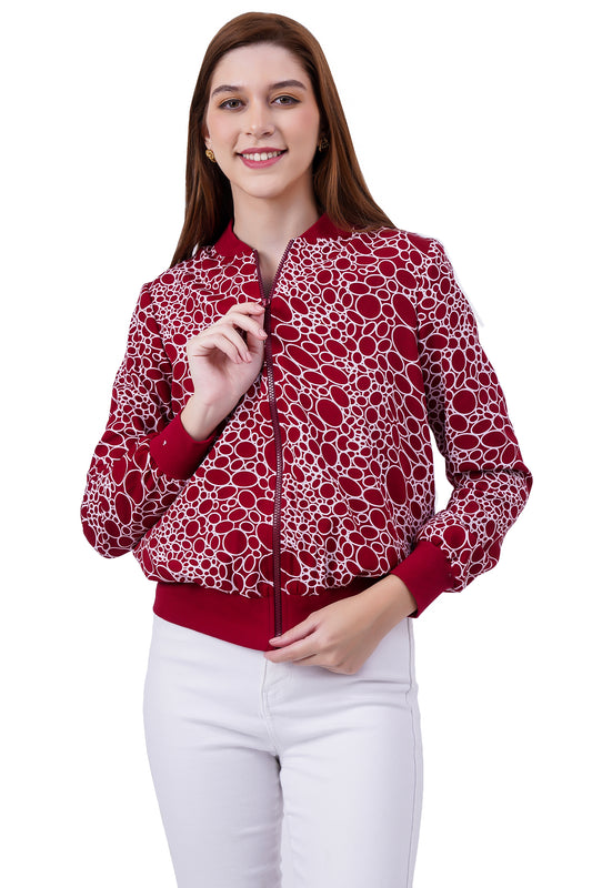 NUEVOSDAMAS Circle Printed Maroon Bomber Jacket