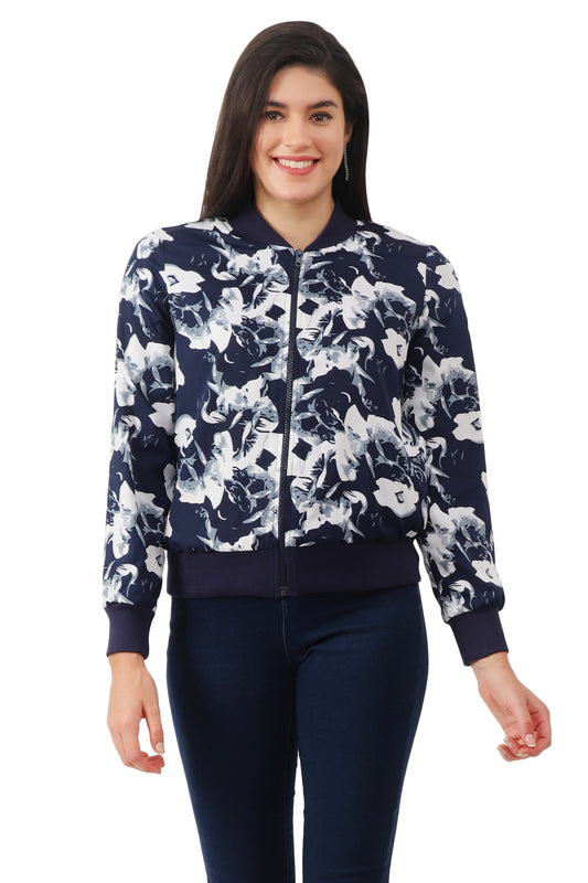 NUEVOSDAMAS Women Printed Full Sleeve Bomber Jacket | Latest Stylish Floral Printed Women Jacket | Light Weight Crepe Jacket for Women_ Navy White