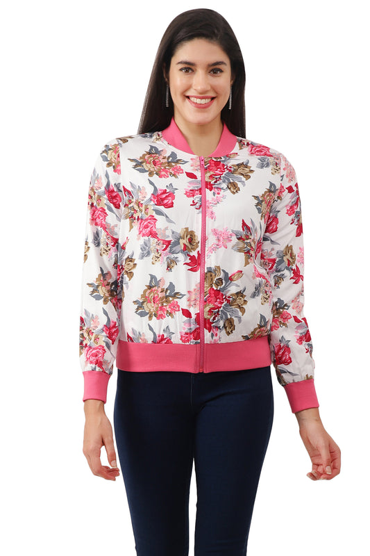 NUEVOSDAMAS Women Printed Full Sleeve Bomber jacket | Latest Stylish Floral Printed Women Jacket | Light Weight Crepe Jacket for women_ Pink/White