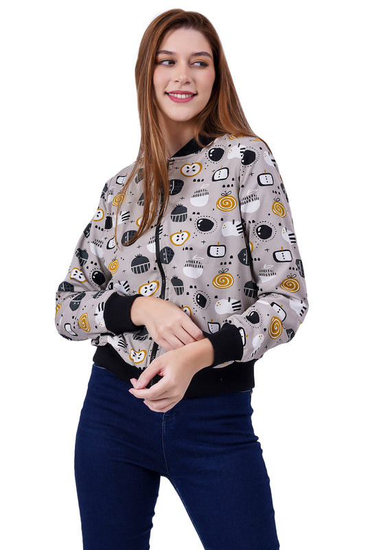 NUEVOSDAMAS Fruit Printed Grey Bomber Jacket