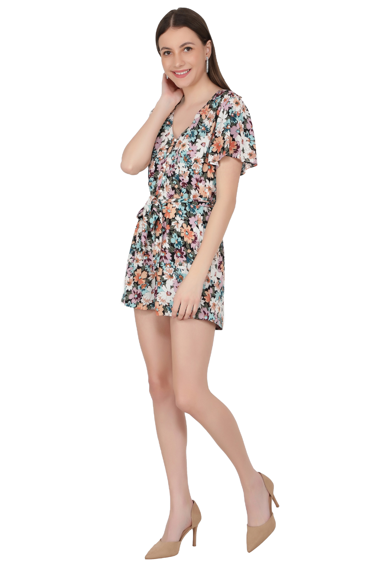 NUEVOSDAMAS Women's Summer V Neck Jumpsuits Casual half Sleeves Romper Button Up Front Tie Knot Floral Printed Short Jumpsuit Rompers Playsuits