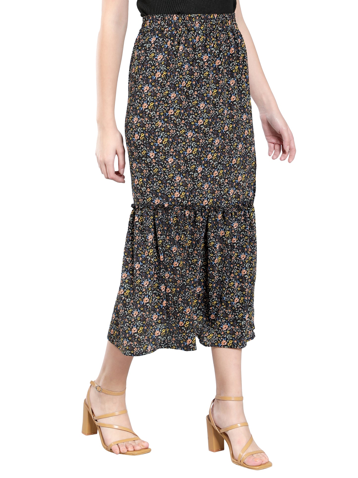 NUEVOSDAMAS Floral Printed Side Slit Frill Black Skirt