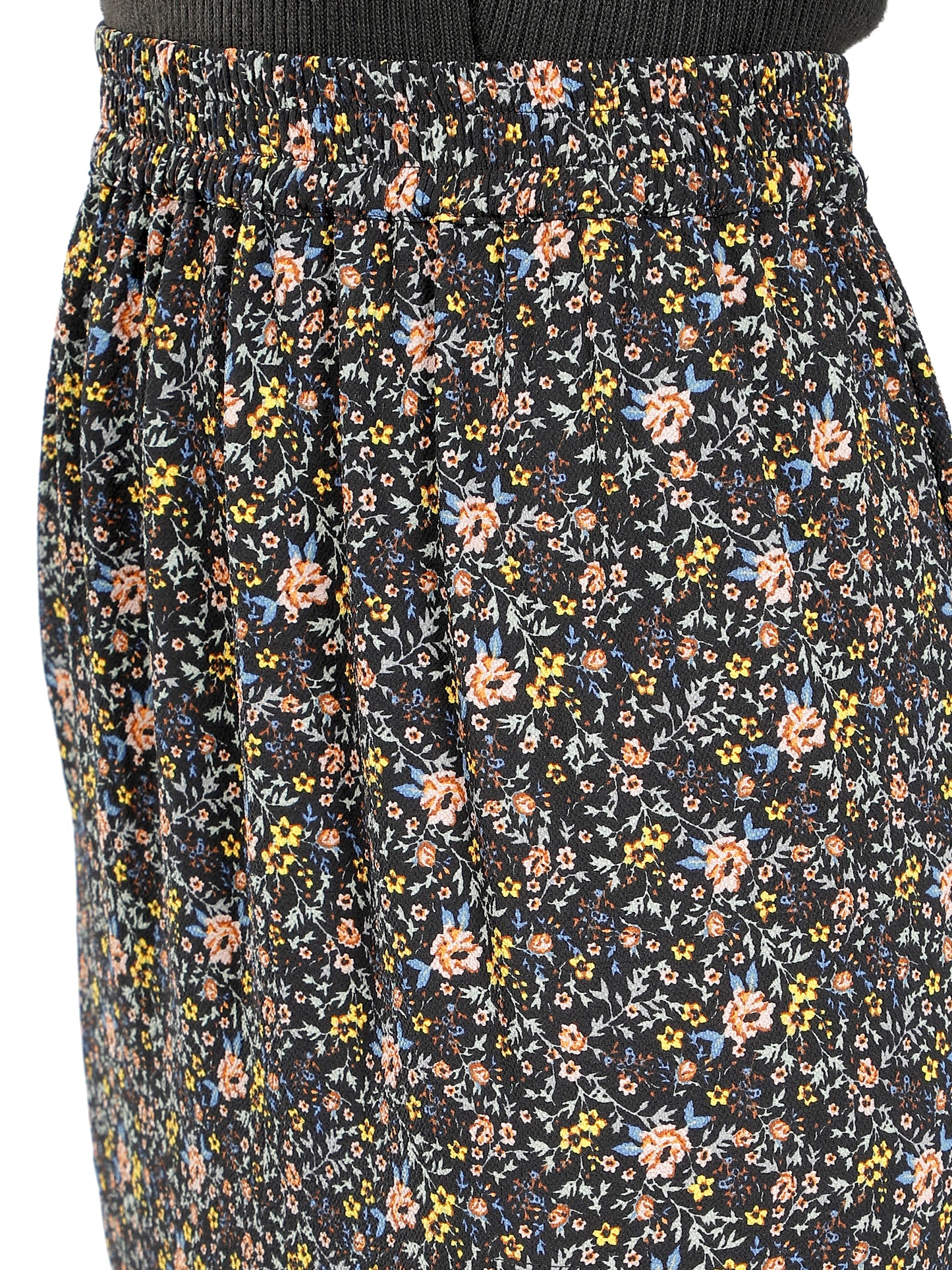 NUEVOSDAMAS Floral Printed Side Slit Frill Black Skirt